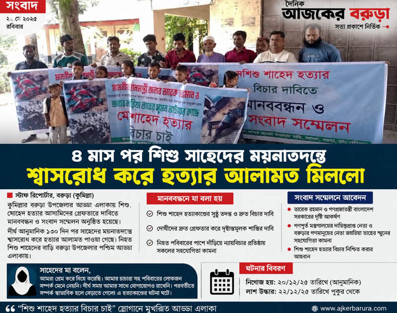 বরুড়ায় চার মাস পর শিশু সাহেদের ময়নাতদন্তে মিললো শ্বাসরোধ করে হত্যার আলামত